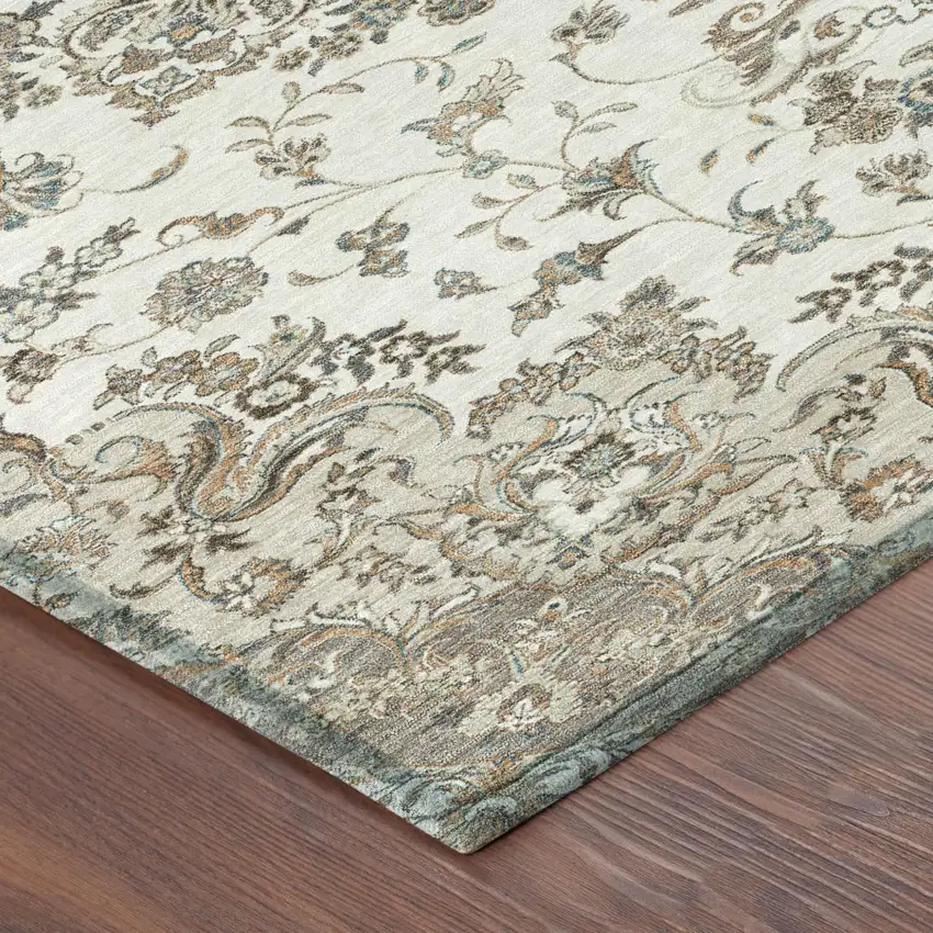 Ivory And Beige Floral Medallion Washable Indoor Outdoor Area Rug Photo 5
