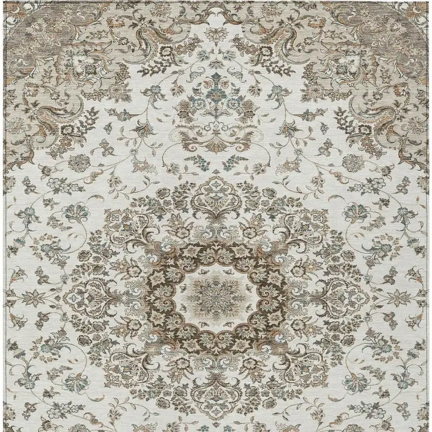 Ivory And Beige Floral Medallion Washable Indoor Outdoor Area Rug Photo 4