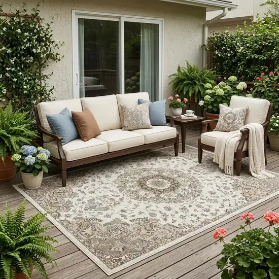 Ivory And Beige Floral Medallion Washable Indoor Outdoor Area Rug Photo 1