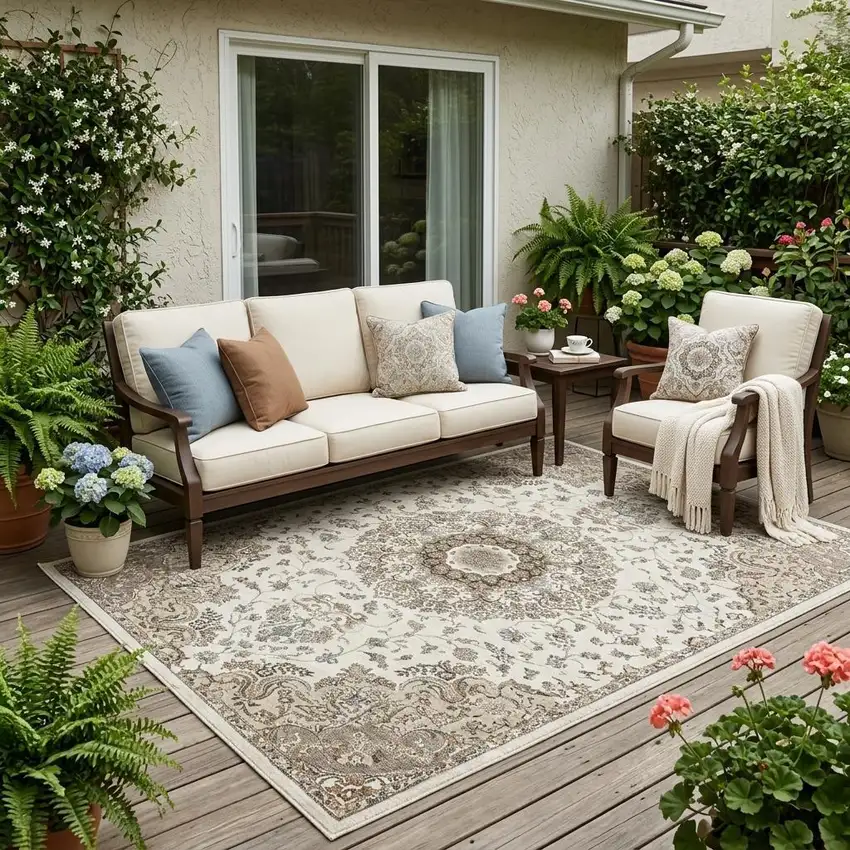 Ivory And Beige Floral Medallion Washable Indoor Outdoor Area Rug Photo 1