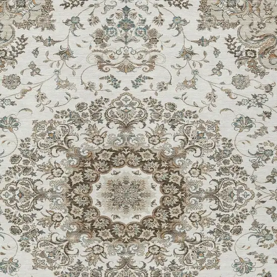 Ivory And Beige Floral Medallion Washable Indoor Outdoor Area Rug Photo 3