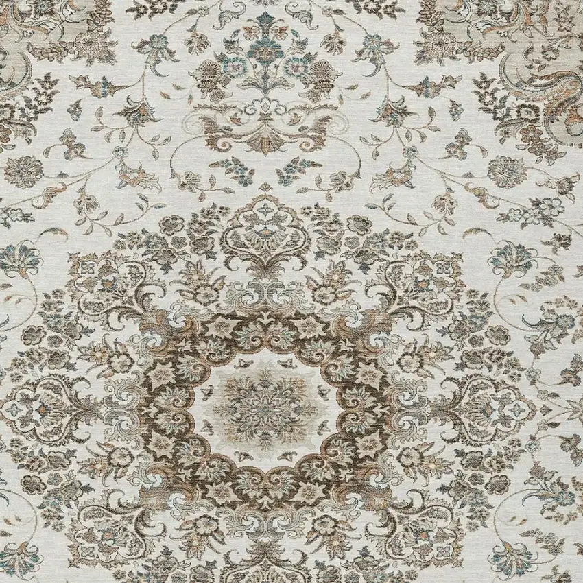 Ivory And Beige Floral Medallion Washable Indoor Outdoor Area Rug Photo 3