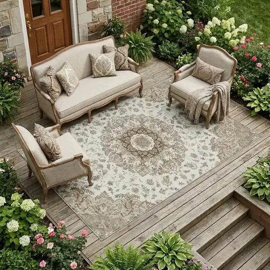Ivory And Beige Floral Medallion Washable Indoor Outdoor Area Rug Photo 1