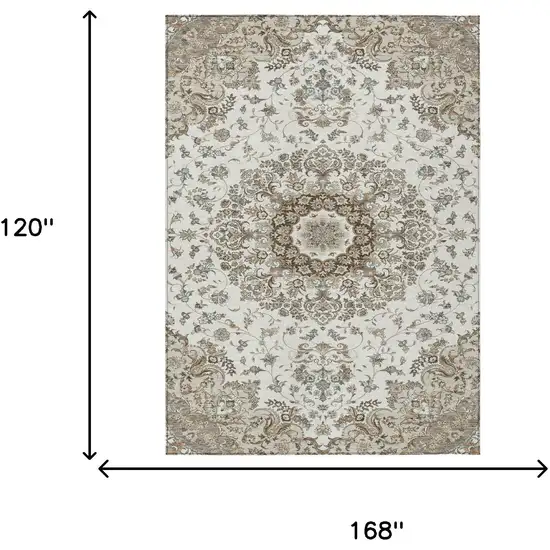 Ivory And Beige Floral Medallion Washable Indoor Outdoor Area Rug Photo 7
