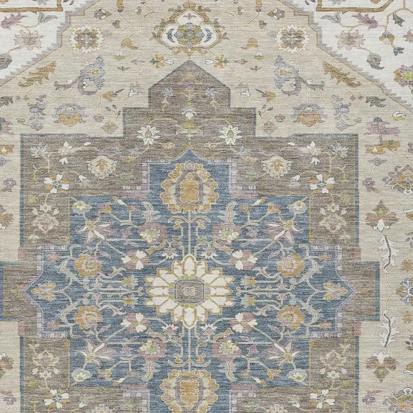 Ivory And Beige Floral Medallion Washable Indoor Outdoor Area Rug Photo 3