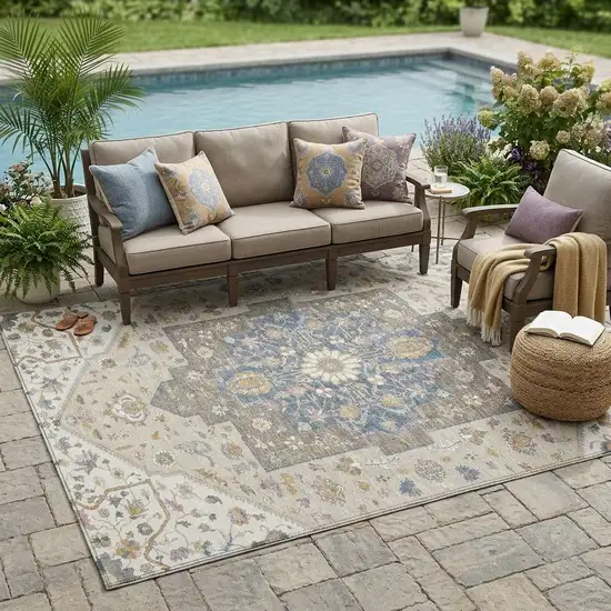 Ivory And Beige Floral Medallion Washable Indoor Outdoor Area Rug Photo 1