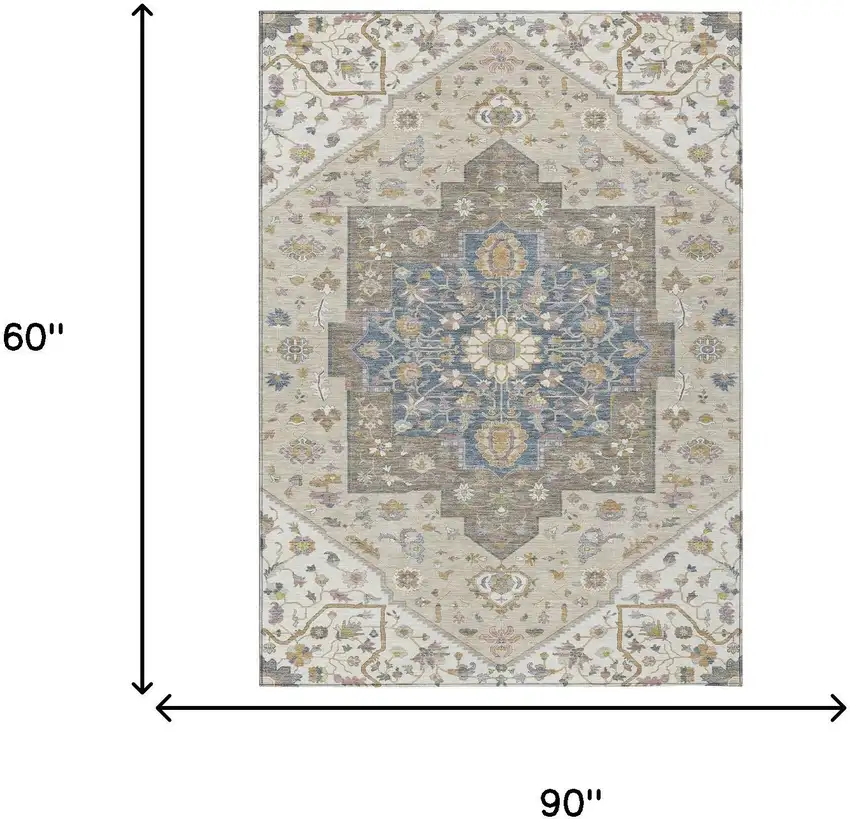 Ivory And Beige Floral Medallion Washable Indoor Outdoor Area Rug Photo 7