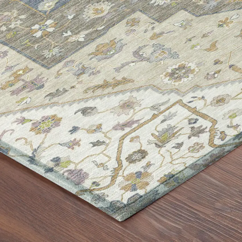 Ivory And Beige Floral Medallion Washable Indoor Outdoor Area Rug Photo 5
