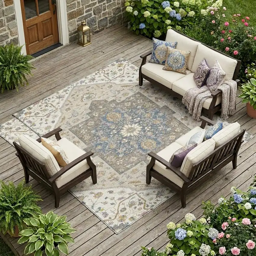 Ivory And Beige Floral Medallion Washable Indoor Outdoor Area Rug Photo 1