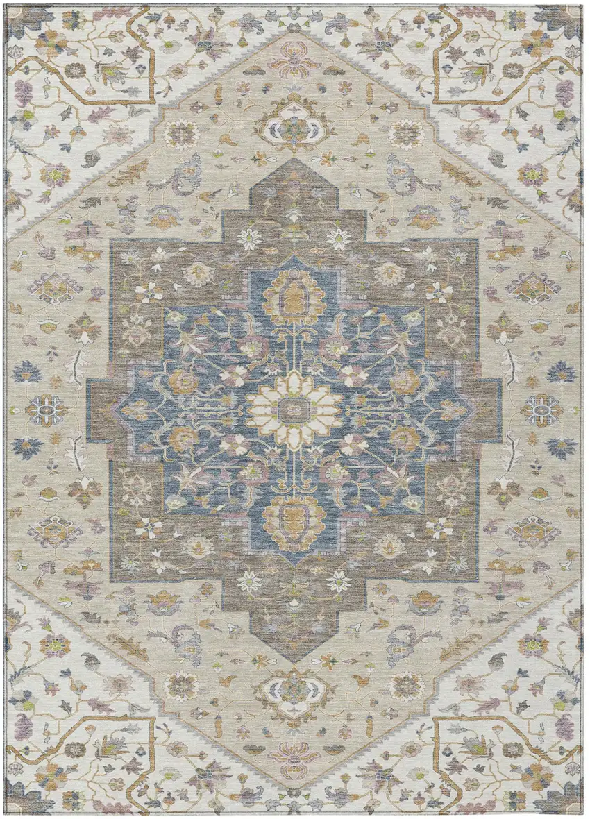 Ivory And Beige Floral Medallion Washable Indoor Outdoor Area Rug Photo 2