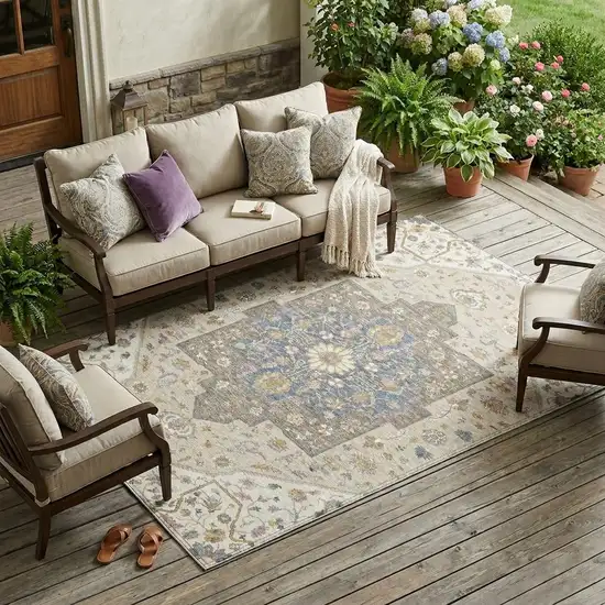 Ivory And Beige Floral Medallion Washable Indoor Outdoor Area Rug Photo 1