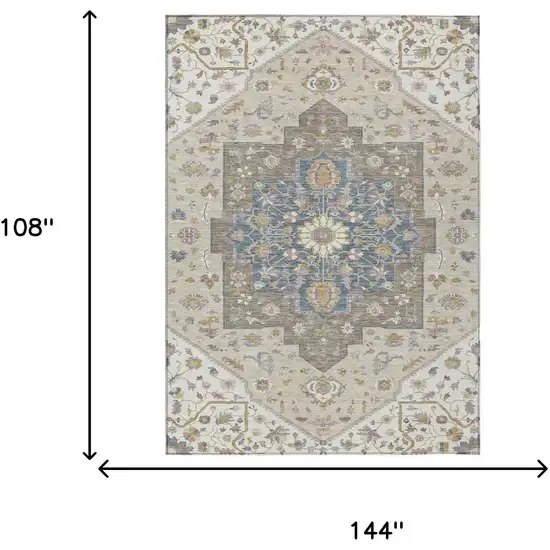 Ivory And Beige Floral Medallion Washable Indoor Outdoor Area Rug Photo 7