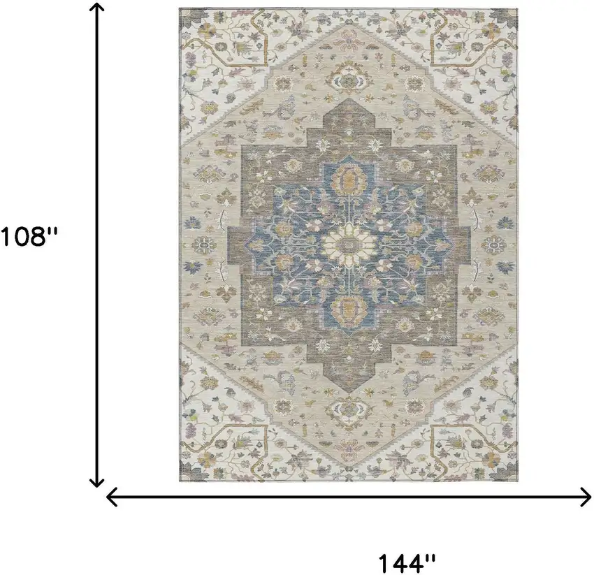 Ivory And Beige Floral Medallion Washable Indoor Outdoor Area Rug Photo 7