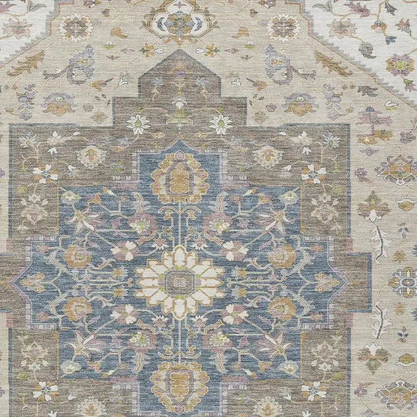 Ivory And Beige Floral Medallion Washable Indoor Outdoor Area Rug Photo 3