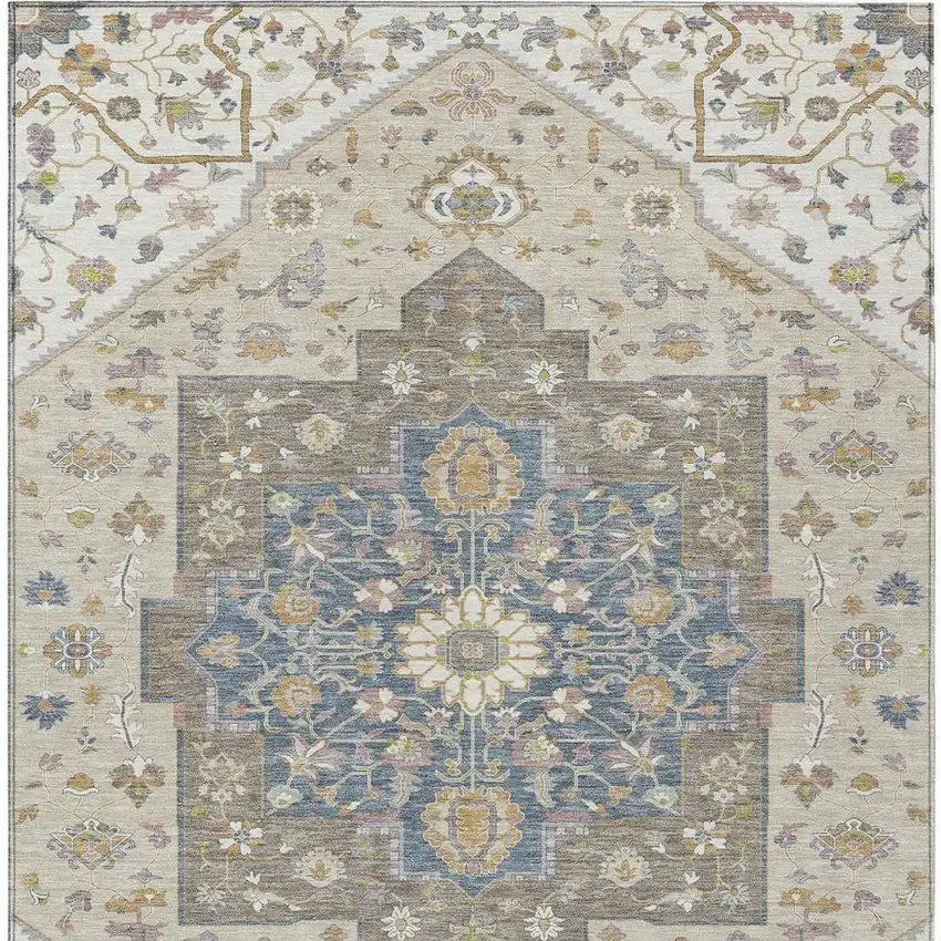Ivory And Beige Floral Medallion Washable Indoor Outdoor Area Rug Photo 4