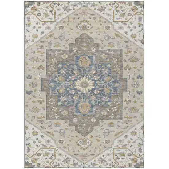 Ivory And Beige Floral Medallion Washable Indoor Outdoor Area Rug Photo 2