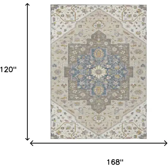Ivory And Beige Floral Medallion Washable Indoor Outdoor Area Rug Photo 7