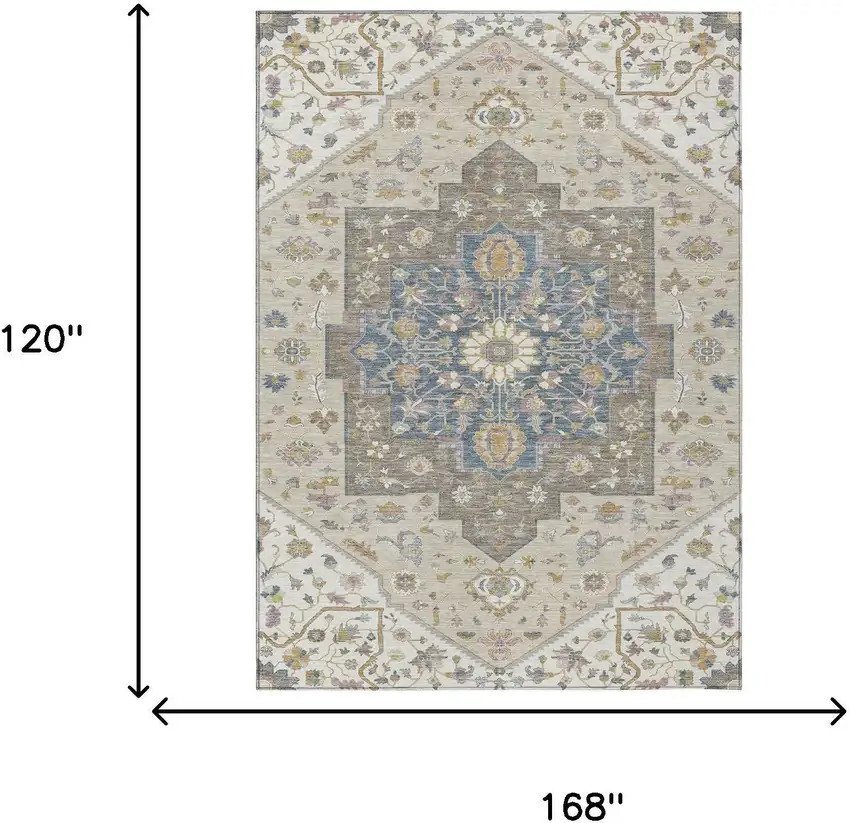 Ivory And Beige Floral Medallion Washable Indoor Outdoor Area Rug Photo 7