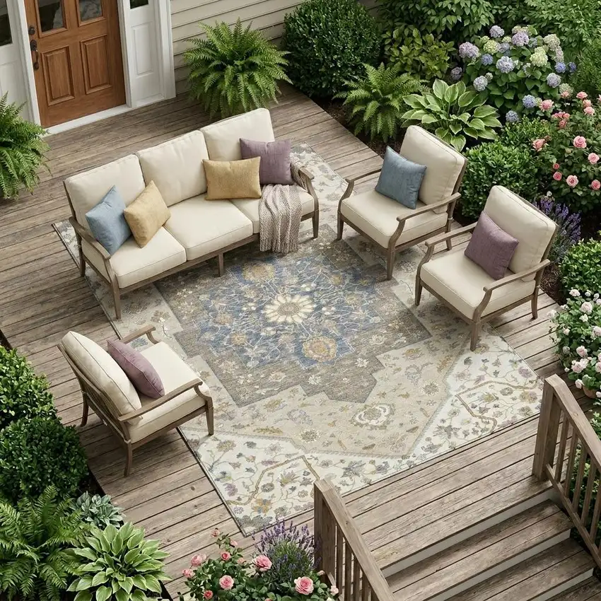 Ivory And Beige Floral Medallion Washable Indoor Outdoor Area Rug Photo 1