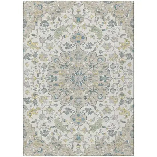 Ivory And Beige Floral Medallion Washable Indoor Outdoor Area Rug Photo 2