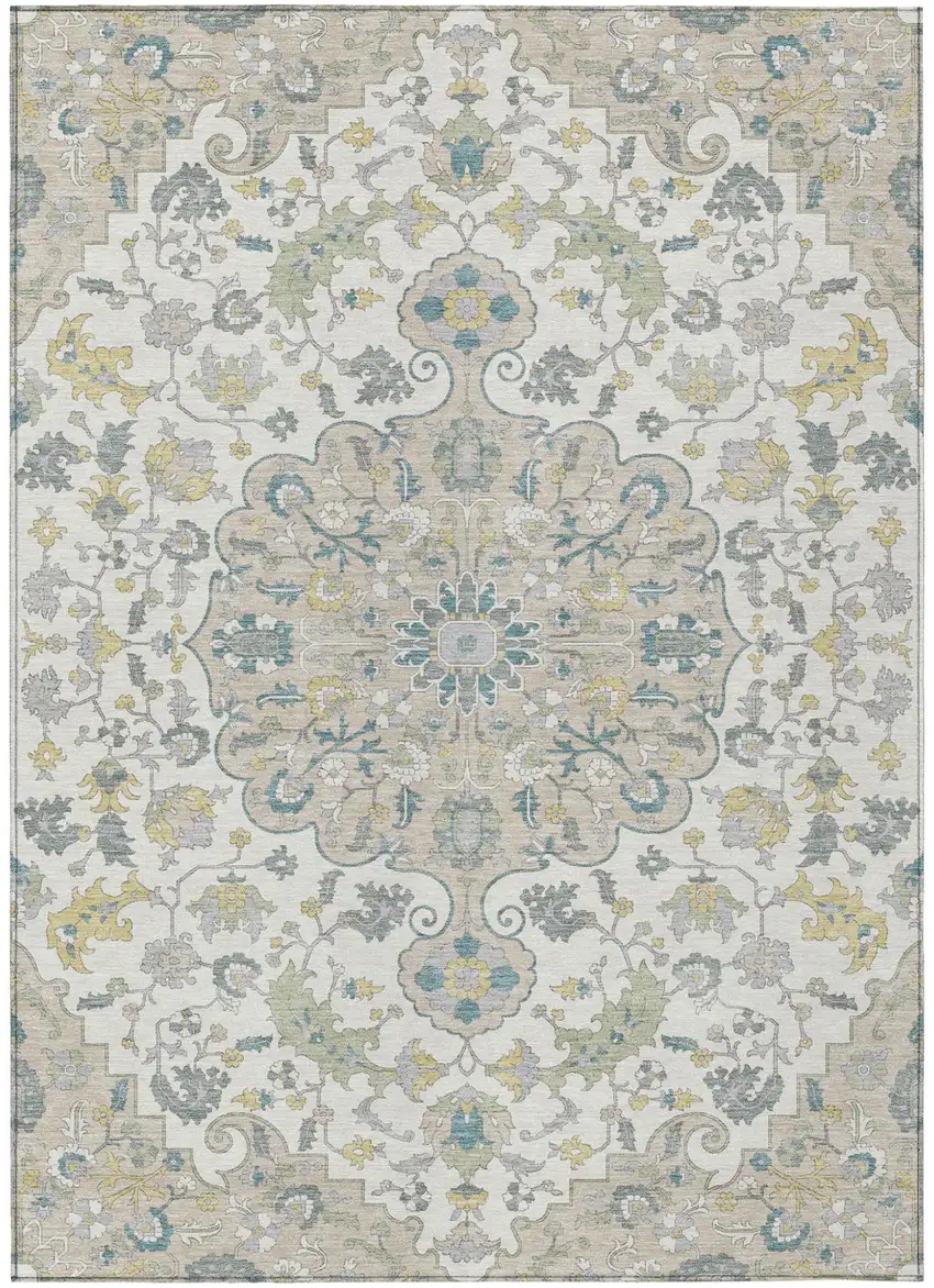 Ivory And Beige Floral Medallion Washable Indoor Outdoor Area Rug Photo 2