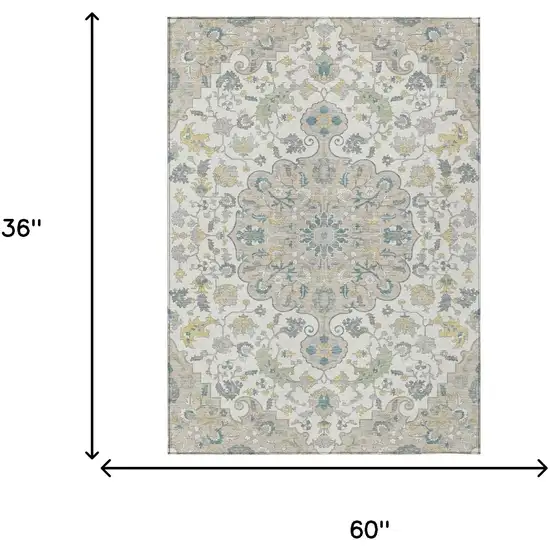 Ivory And Beige Floral Medallion Washable Indoor Outdoor Area Rug Photo 7