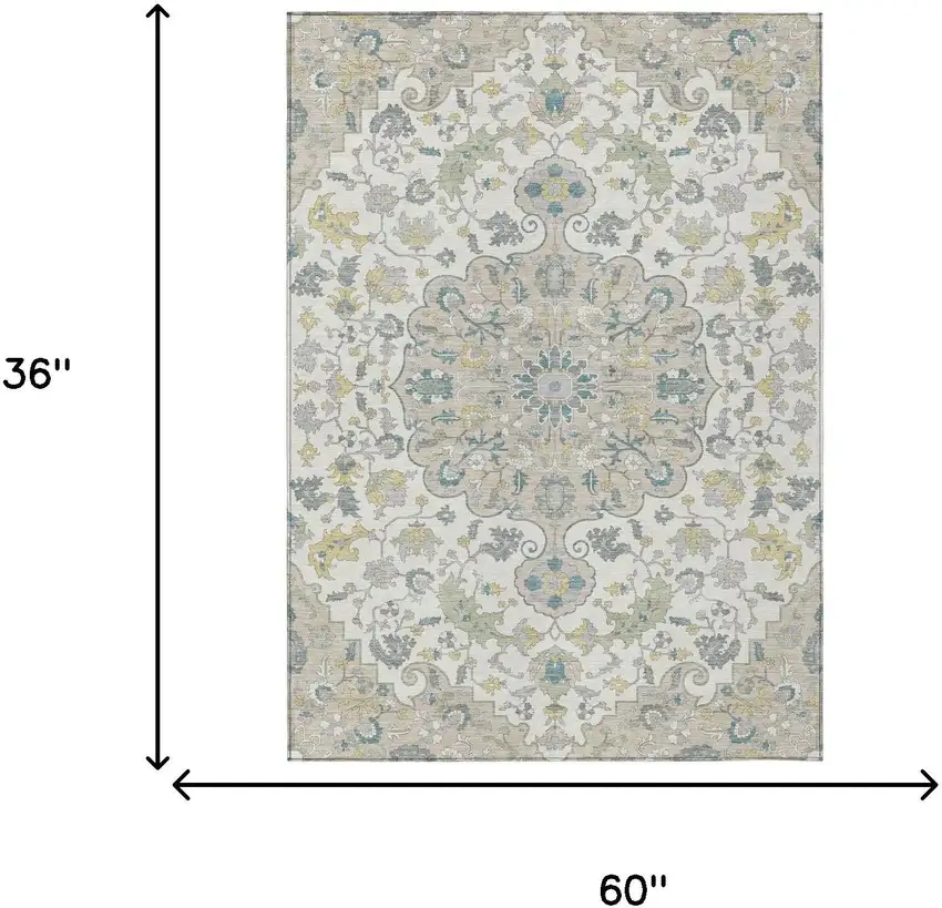 Ivory And Beige Floral Medallion Washable Indoor Outdoor Area Rug Photo 7