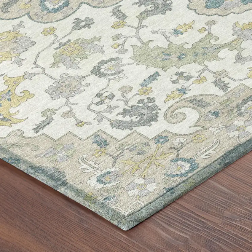 Ivory And Beige Floral Medallion Washable Indoor Outdoor Area Rug Photo 5