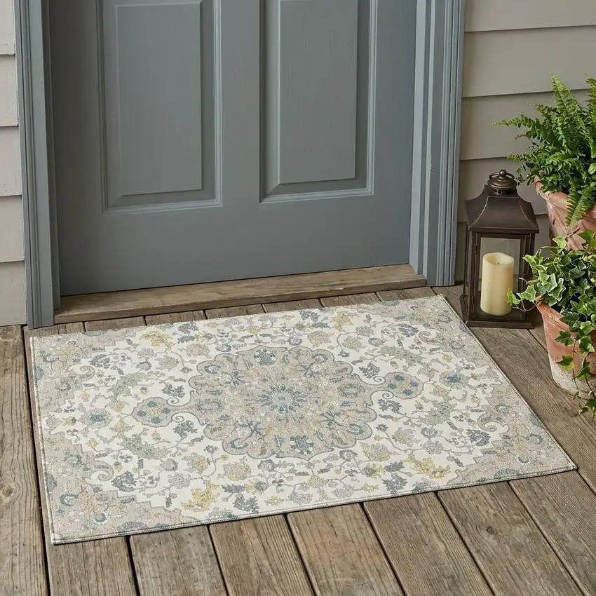 Ivory And Beige Floral Medallion Washable Indoor Outdoor Area Rug Photo 1