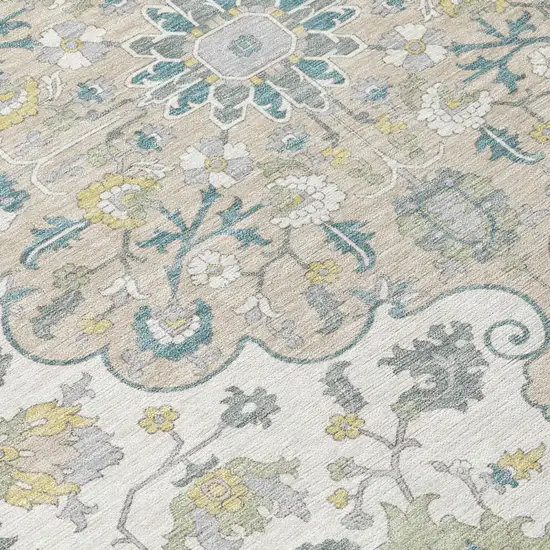 Ivory And Beige Floral Medallion Washable Indoor Outdoor Area Rug Photo 6