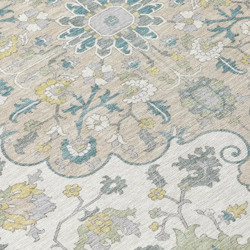 Ivory And Beige Floral Medallion Washable Indoor Outdoor Area Rug Photo 6