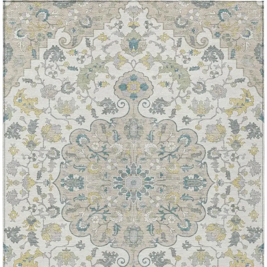 Ivory And Beige Floral Medallion Washable Indoor Outdoor Area Rug Photo 4