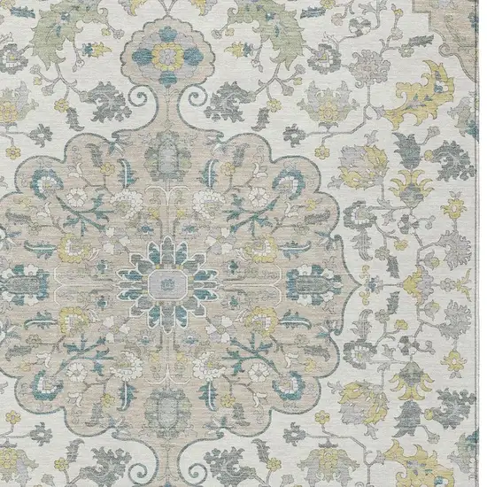 Ivory And Beige Floral Medallion Washable Indoor Outdoor Area Rug Photo 3