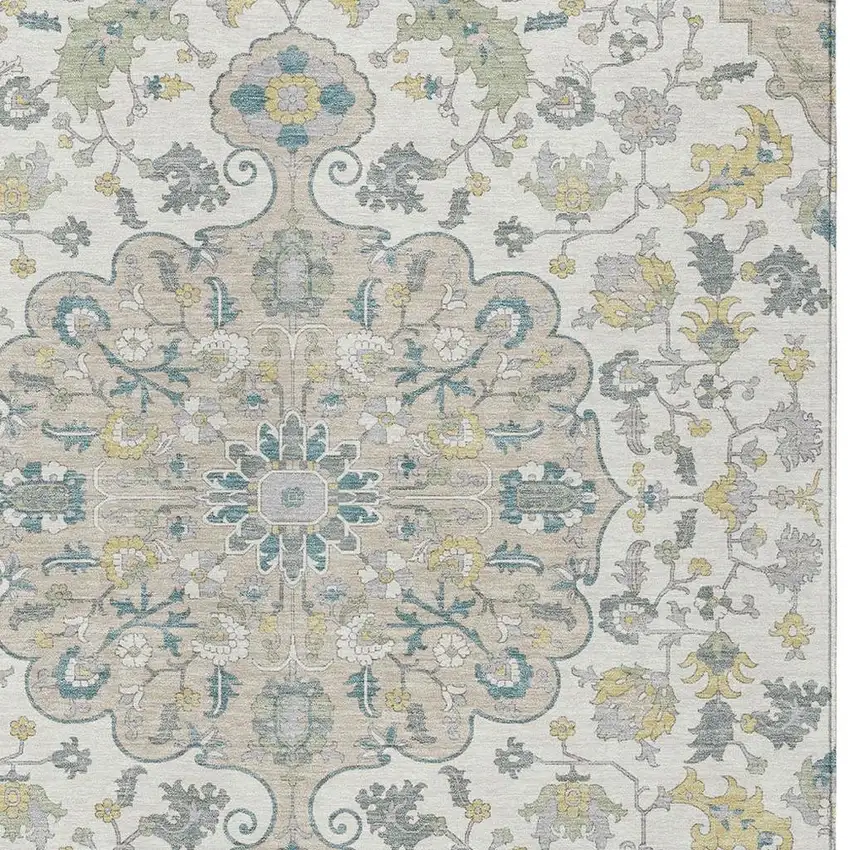 Ivory And Beige Floral Medallion Washable Indoor Outdoor Area Rug Photo 3