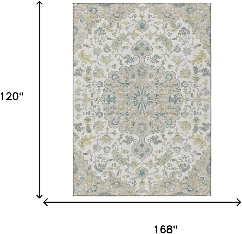 Ivory And Beige Floral Medallion Washable Indoor Outdoor Area Rug Photo 7