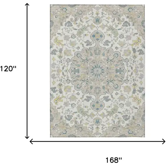 Ivory And Beige Floral Medallion Washable Indoor Outdoor Area Rug Photo 7