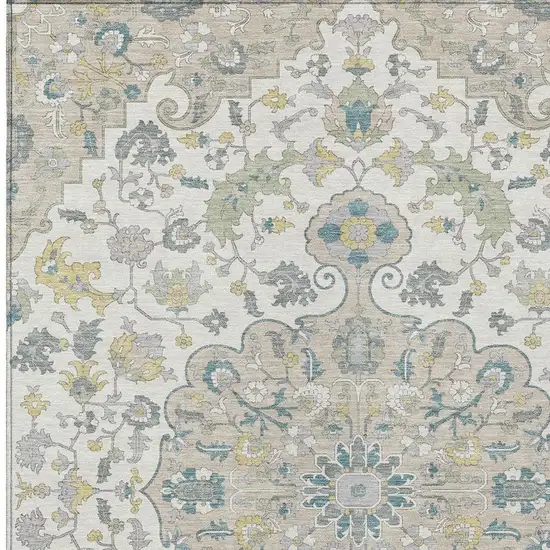 Ivory And Beige Floral Medallion Washable Indoor Outdoor Area Rug Photo 3