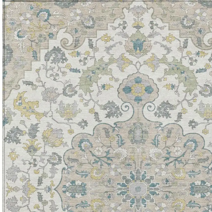 Ivory And Beige Floral Medallion Washable Indoor Outdoor Area Rug Photo 3
