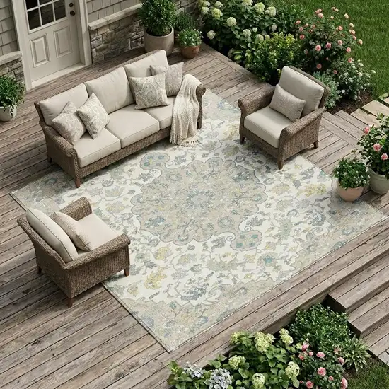 Ivory And Beige Floral Medallion Washable Indoor Outdoor Area Rug Photo 1