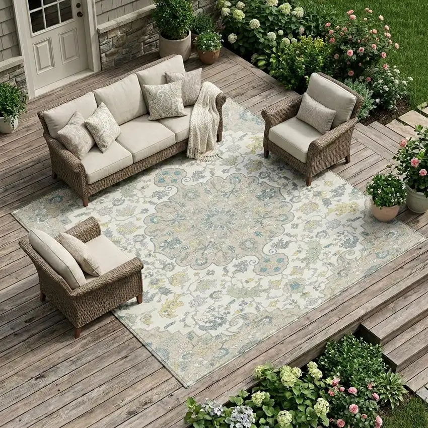 Ivory And Beige Floral Medallion Washable Indoor Outdoor Area Rug Photo 1
