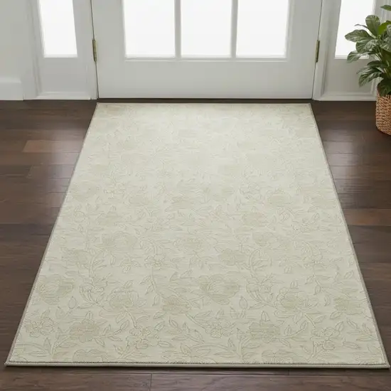 Ivory And Beige Floral Washable Area Rug With UV Protection Photo 2