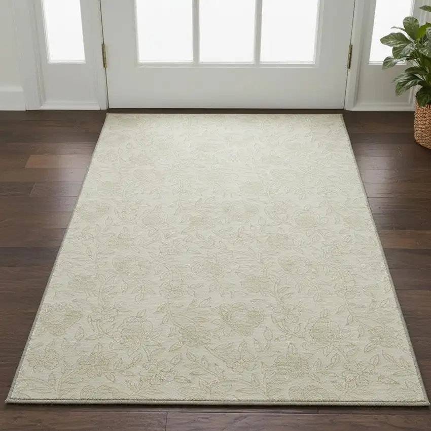 Ivory And Beige Floral Washable Area Rug With UV Protection Photo 2