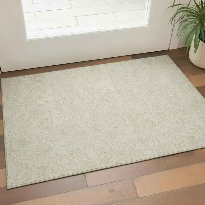 Ivory And Beige Floral Washable Area Rug With UV Protection Photo 1