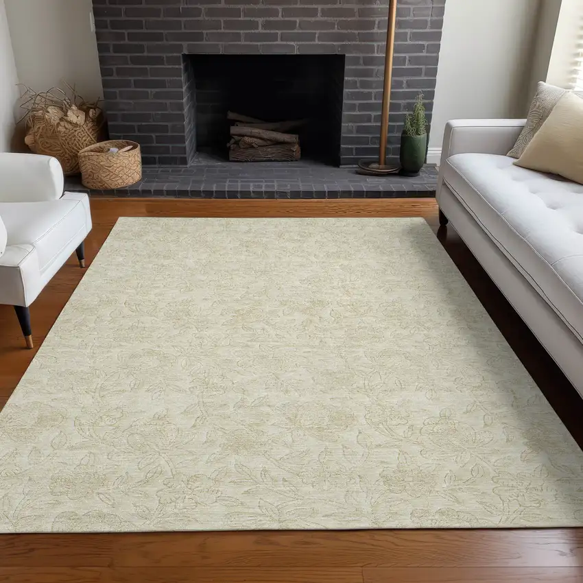 Ivory And Beige Floral Washable Area Rug With UV Protection Photo 5