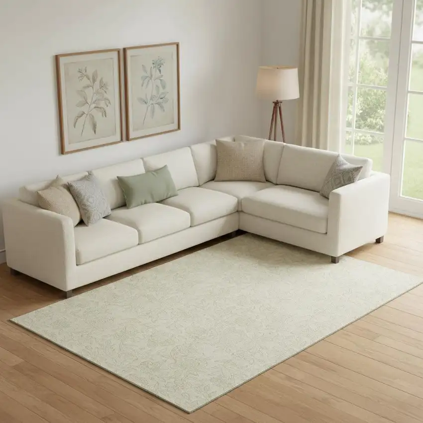 Ivory And Beige Floral Washable Area Rug With UV Protection Photo 1