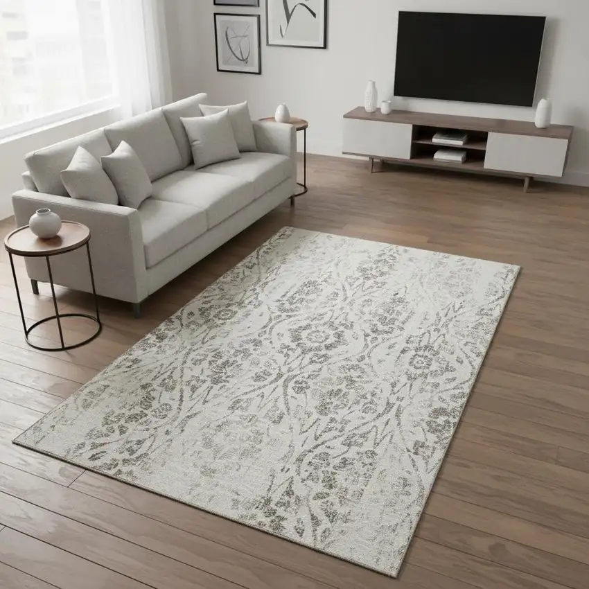 Ivory And Beige Floral Washable Area Rug With UV Protection Photo 2