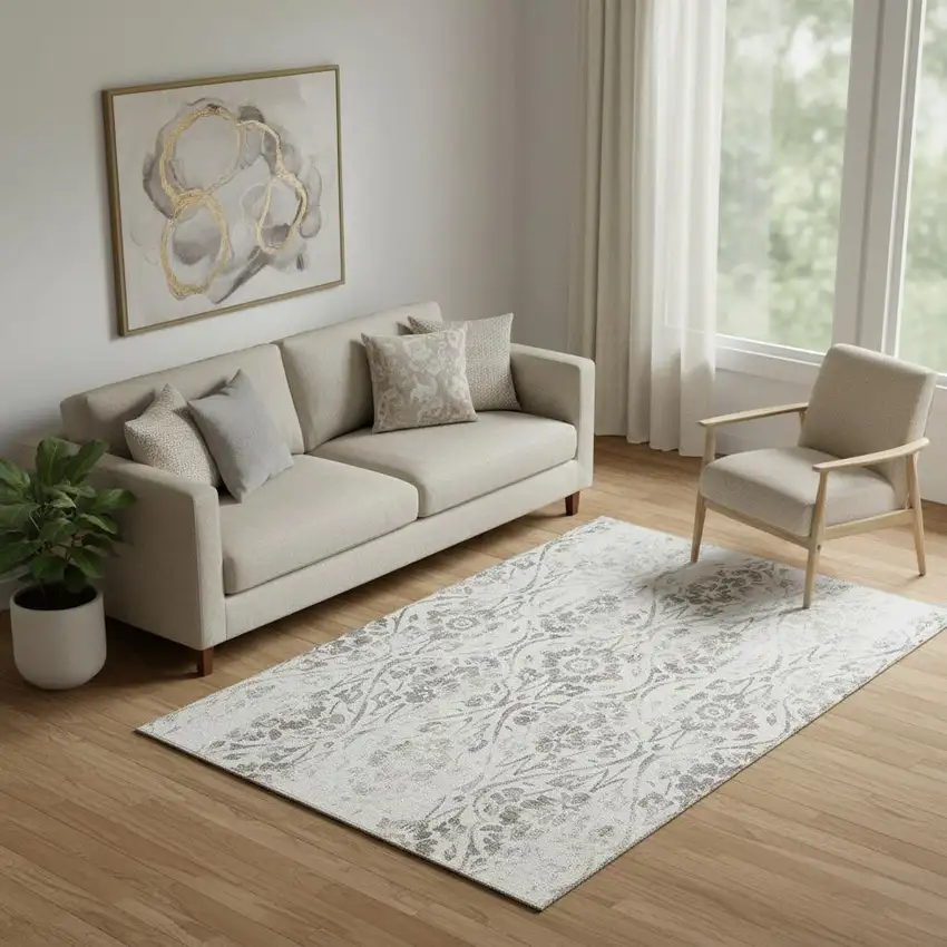 Ivory And Beige Floral Washable Area Rug With UV Protection Photo 1