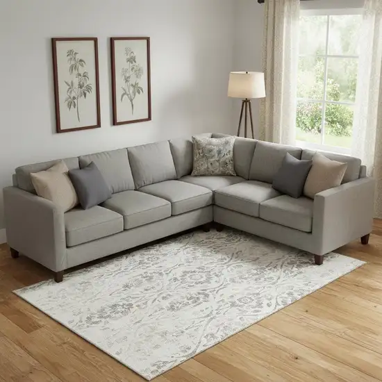 Ivory And Beige Floral Washable Area Rug With UV Protection Photo 1