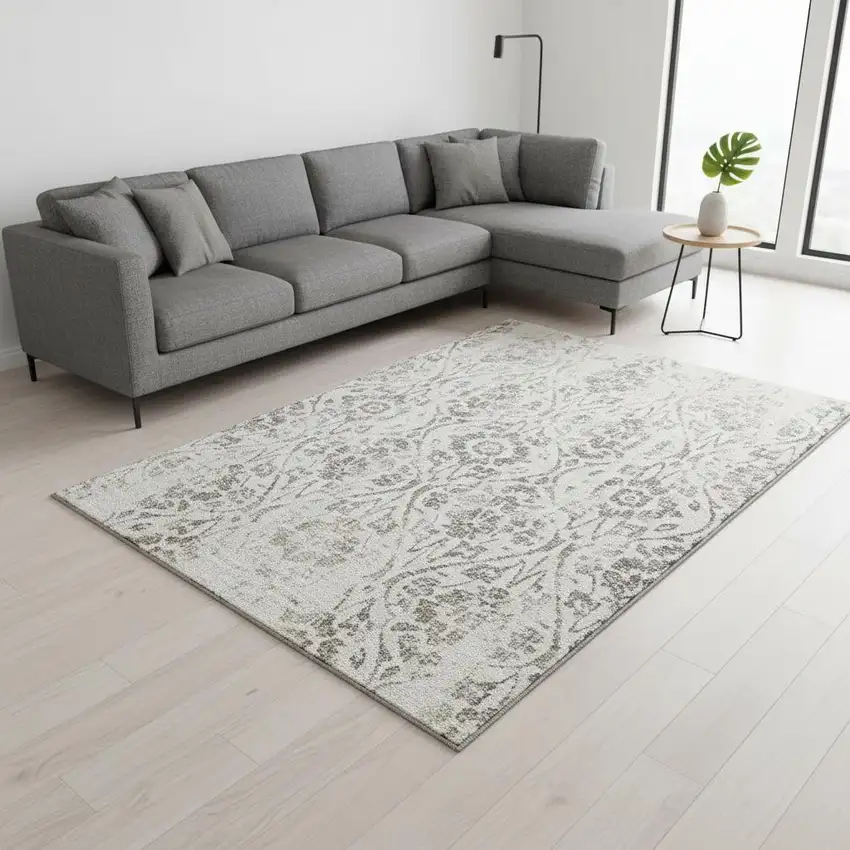 Ivory And Beige Floral Washable Area Rug With UV Protection Photo 2