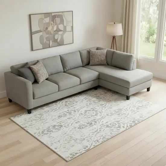 Ivory And Beige Floral Washable Area Rug With UV Protection Photo 1